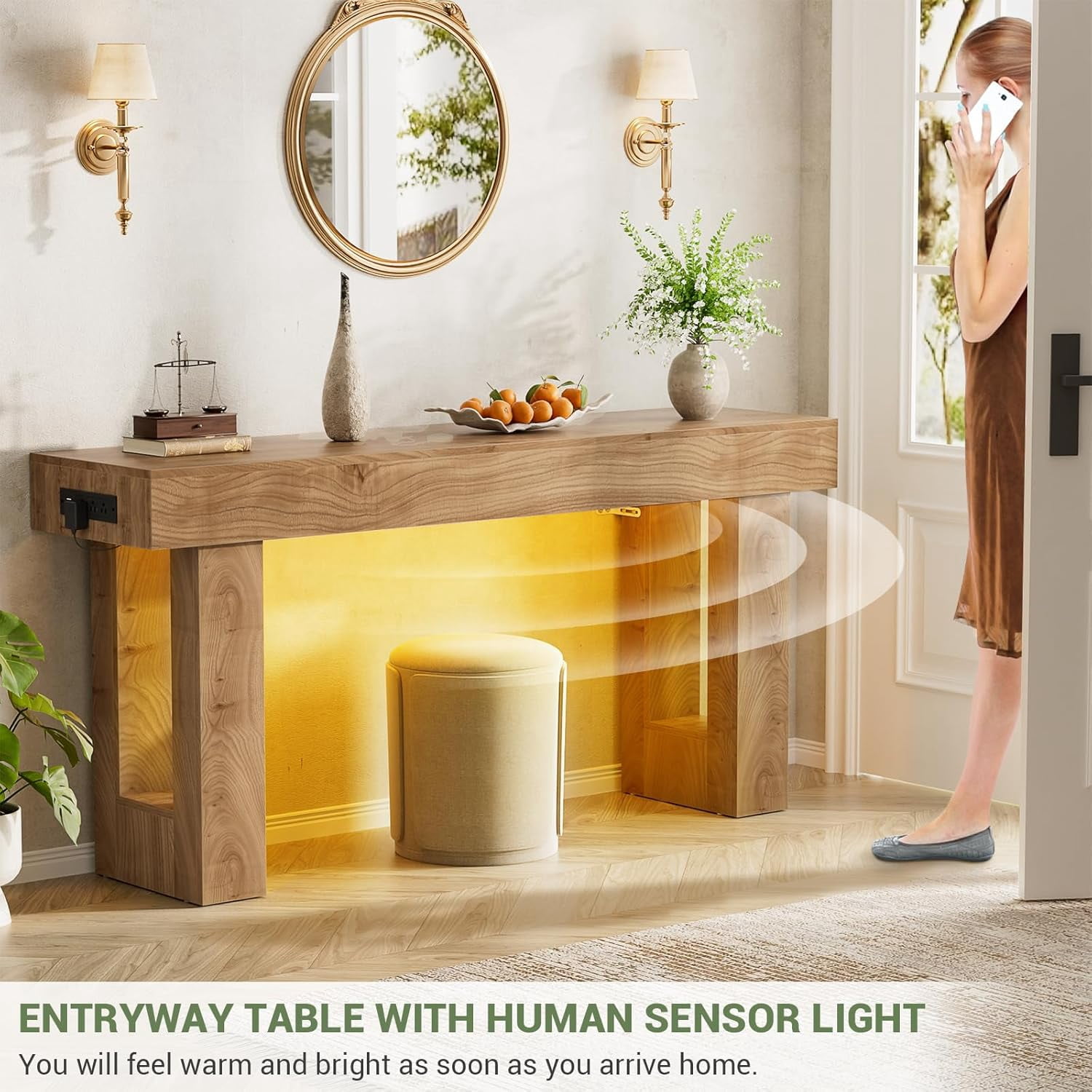 iSunirm 63" Farmhouse Console Table with Power Outlets and Sensor Light, Wooden Narrow Entryway Table with Storage for Entrance, Hallway, Living Room