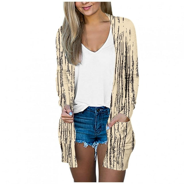 Ladies Long Cardigan, Summer Light Weight Open Front Cardigans Long Sleeve Floral Printed Comfy Soft Coat with Pockets Khaki M