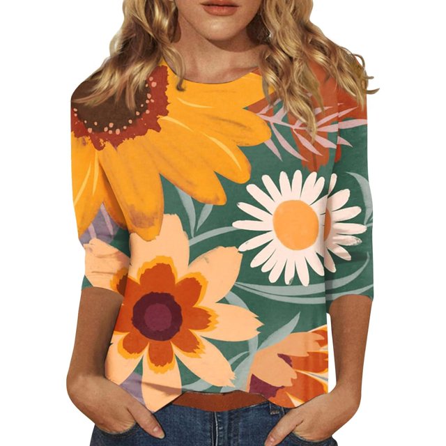 T-Shirt à Manches Courtes pour Femmes Articles en Liquidation T-Shirt en Chiffon pour Femmes Mode Décontractée à Imprimé Floral à Rayures T-Shirt à Manches Trois Quarts