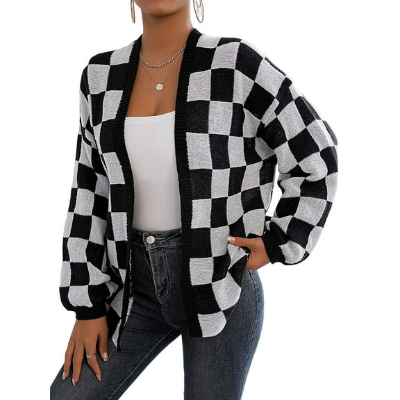 Women'S Plus Size Checkered Cardigan Top Plaid Print Open Front Loose Sweater Outwear Black & White XL
