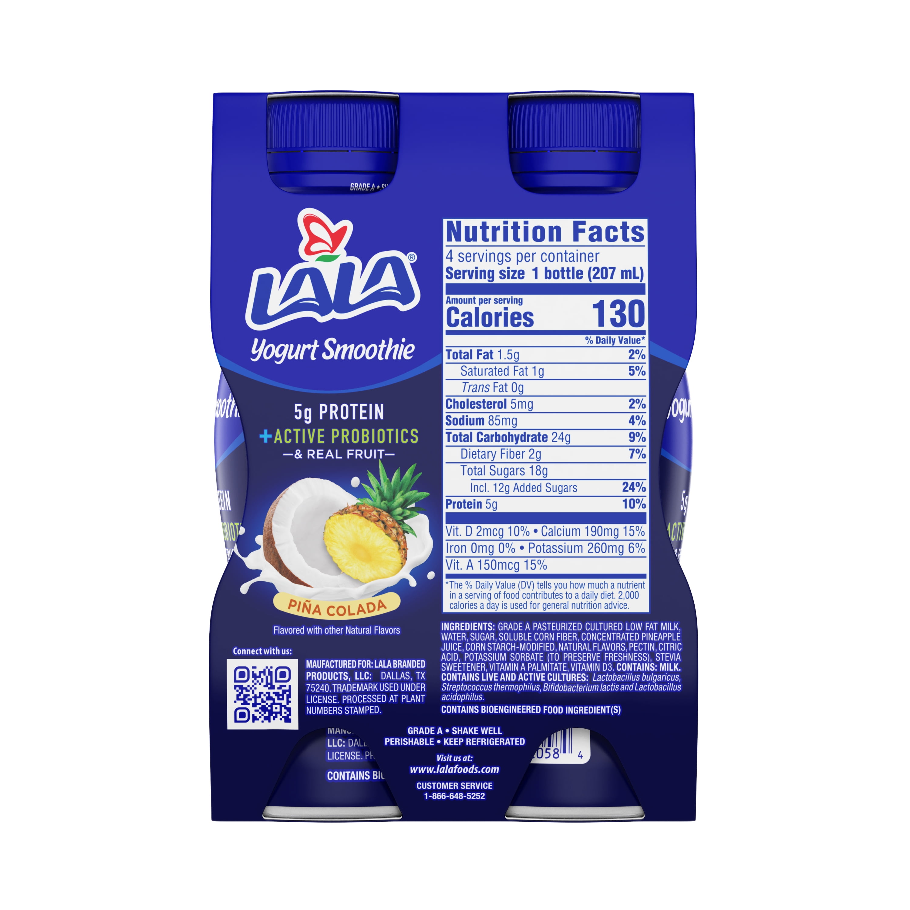 LALA Probiotic Protein Yogurt Smoothie Drink, Low Fat, Pina Colada, 7 oz Plastic Bottle (4 Ct)