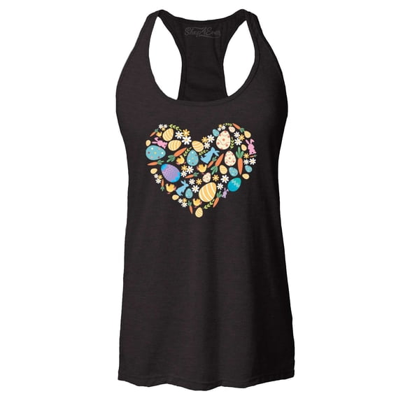 Shop4Ever Women's Easter Heart Bunny Carrot Daisy Spring Cluster Racerback Tank Top Large Black