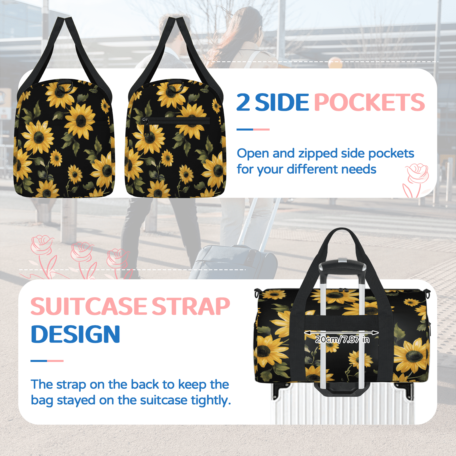 Herdesigns Retro Sunflowers Floral Gym Bag for Women, Duffle Bag for Travel Sport, Lightweight Waterproof Carry on Weekender Overnight Dance Yoga Workout Bags