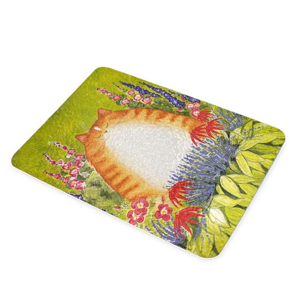 KuzmarK Glass Cheese Cutting Board 11"x7.75" - Ginger Tabby Cat with Garden Flowers Art by Denise Every