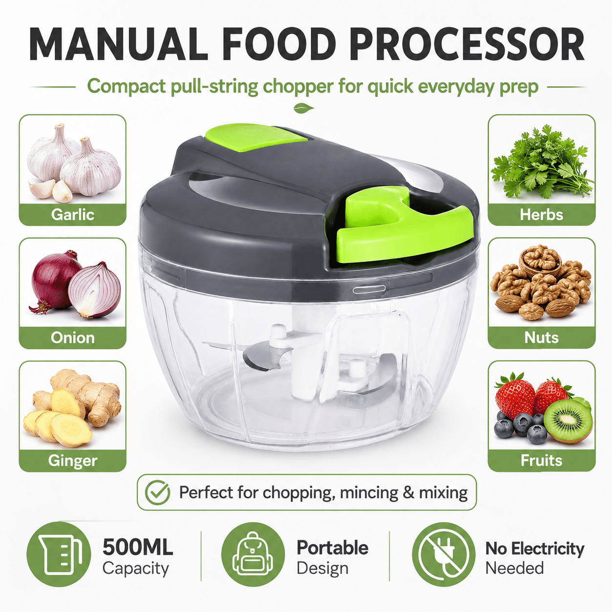 Manual Food Processor Vegetable Chopper, 500ml Hand Pull Garlic Mincer Onion Cutter for Vegetables, Fruits, Nuts, Herbs, Ginger, Gray Green