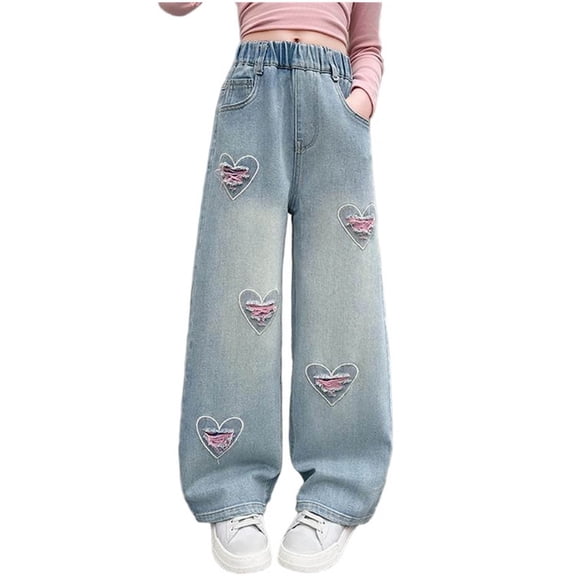 Guluxicc Girls Jeans Wide Leg Baggy Loose Denim Pants Y2K Elastic Waist Kids Denim Streetwear for 7-14 Years