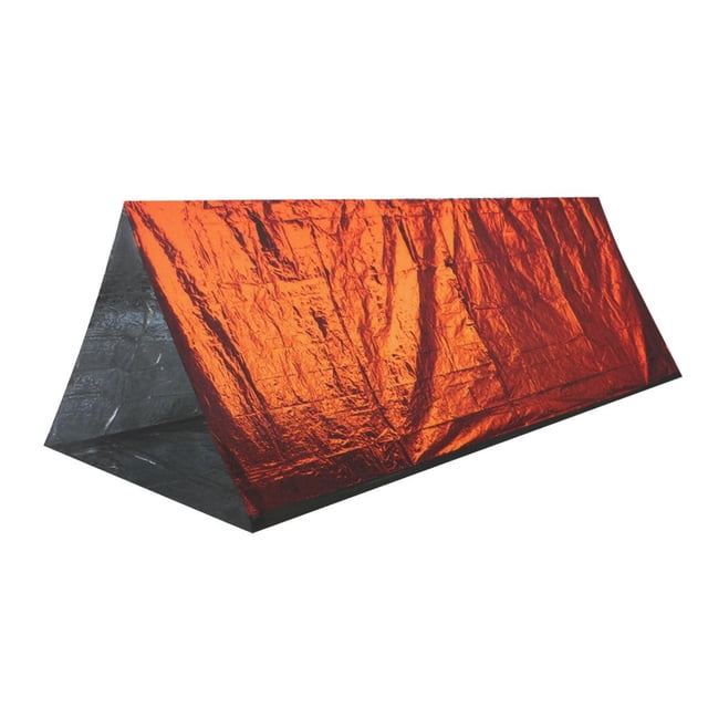 refugio libre aislado impermeable de la supervivencia que libre refugio de la supervivencia lona reflectante naranja y plateada, vista frontal en 3/4 tipo A; película de aluminio PET, desplegado aprox. 240 x 150 x 90 cm, ligero y plegable (24 x 18 x 2 cm), incluye cuerda de nylon; sirve como refugio térmico, funda para mochila y señal de emergencia en campamento o excursión.