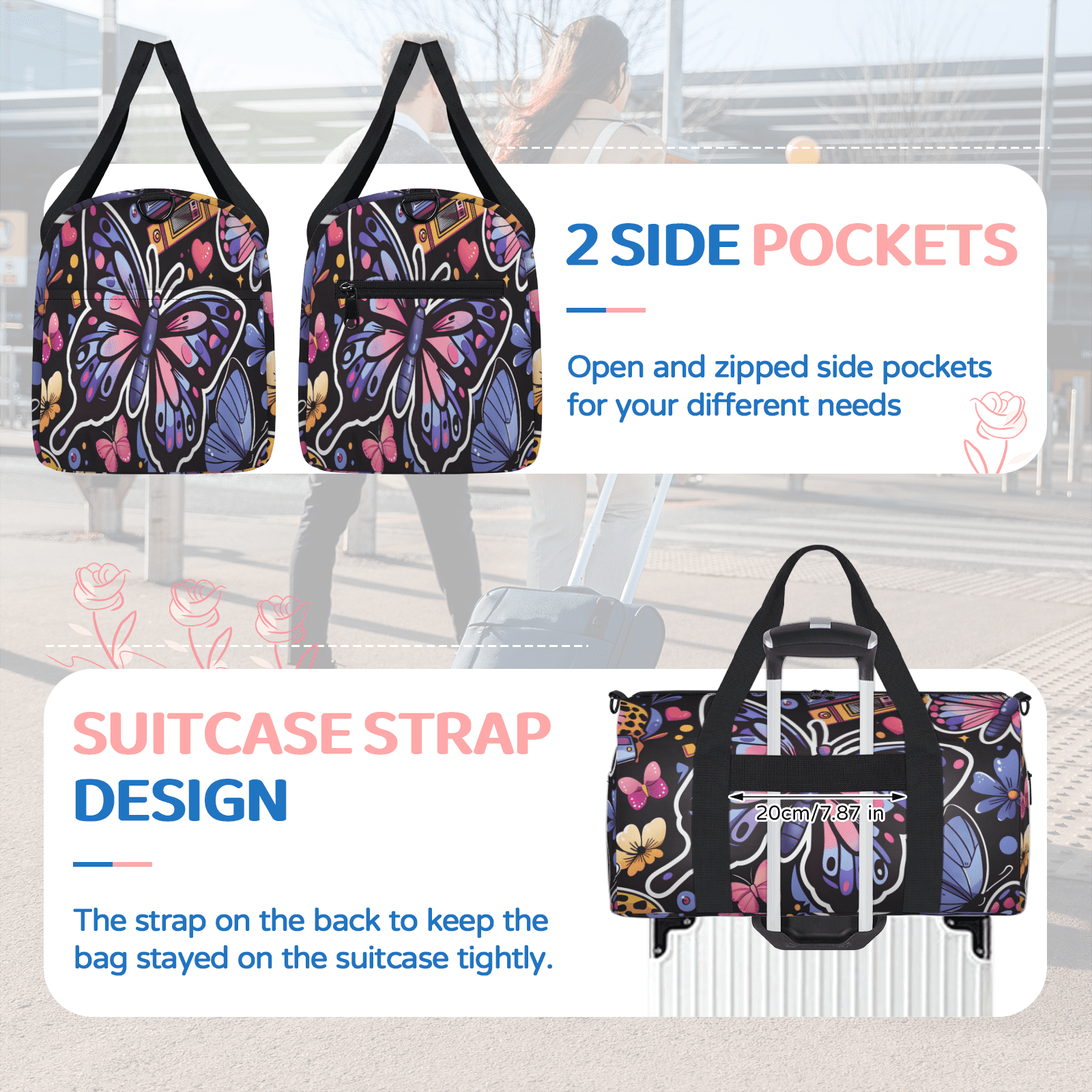 Herdesigns Butterfly Travel Duffle Bag Sports Yoga Weekender Overnight Carry on Workout Bags Lightweight Waterproof Gym Tote Bag for Women Butterflies