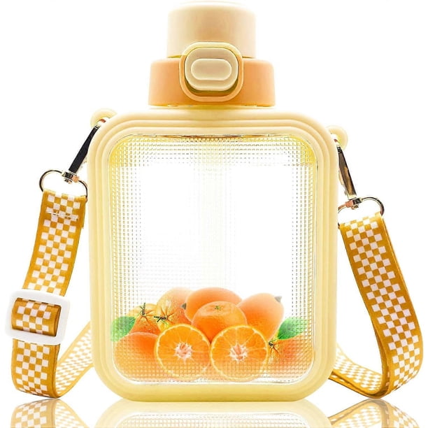 Cute Square Water Bottles with Straw and Adjustable Strap,Sports Bottle with Cartoon Sticker,Portable Travel Water Cup 700ml Yellow