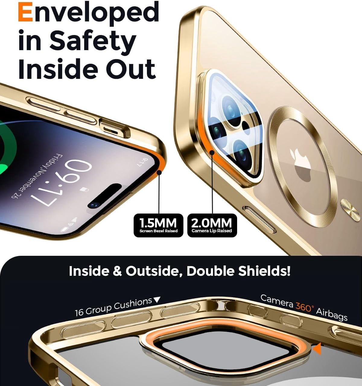 JETeacka Magnetic for iPhone 14 Pro Case with Camera Kickstand Lens Protection Compatible with MagSafe Shockproof Electroplated Bumper, Luxury Gold