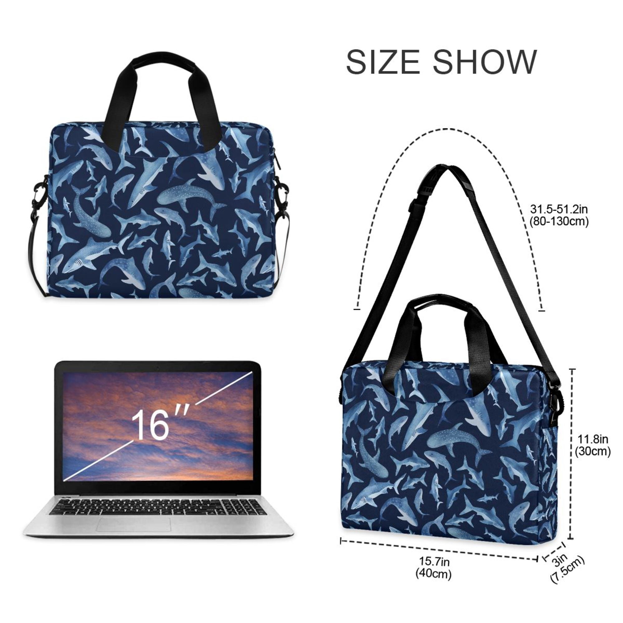 FORMRS 16" Laptop Bag Carrying Sleeve Case with Handle Travel Shoulder Briefcase, Watercolor Shark Pattern