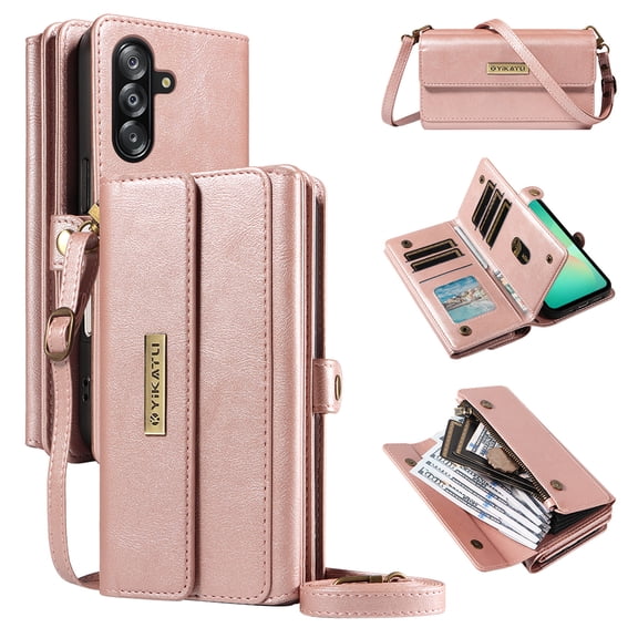 Wallet For Samsung Galaxy S24 Case with RFID Blocking [9 Card Holder] [3 Cash Slots] [1 Zipper Pocket] for Women Men,Magnetic Snap Closure PU Leather Flip Stand Crossbody Strap Case,Rosegold