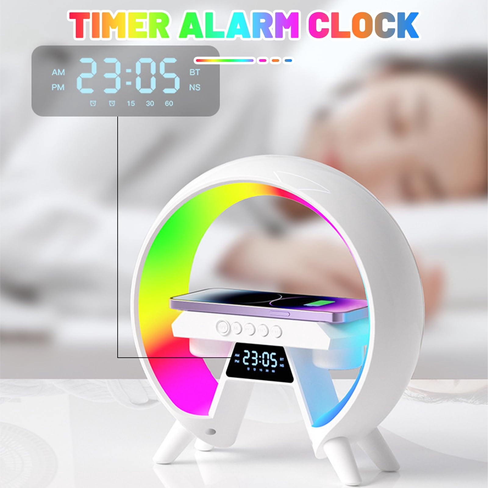 Wireless Speaker Charger Light, Phone Charger, Atmosphere Night Light Multifunctional Bluetooth Speaker, Timer Alarm Clock Charger Stand Color Changing Music Lamp-White