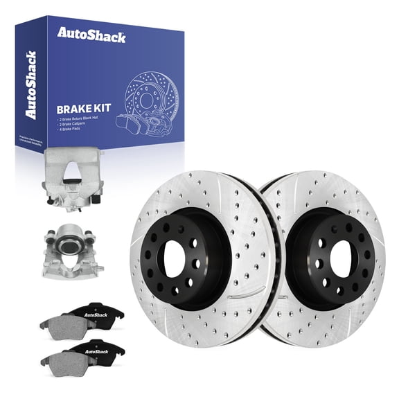 AutoShack Front Vented Drilled & Slotted E-Coated Brake Rotors   Ceramic Pads   Calipers 8-PC Brake Kit Replacement for 2015 Volkswagen Jetta ShadowGuard 12.28" (311.8 mm)