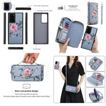 Feishell for Samsung Galaxy Note20 Ultra Crossbody Wallet Detachable Case,for Women Girls,Flower Pattern PU Leather RFID Blocking Card Slots Large Capacity Phone Case with Shoulder & Hand Strap,Grey