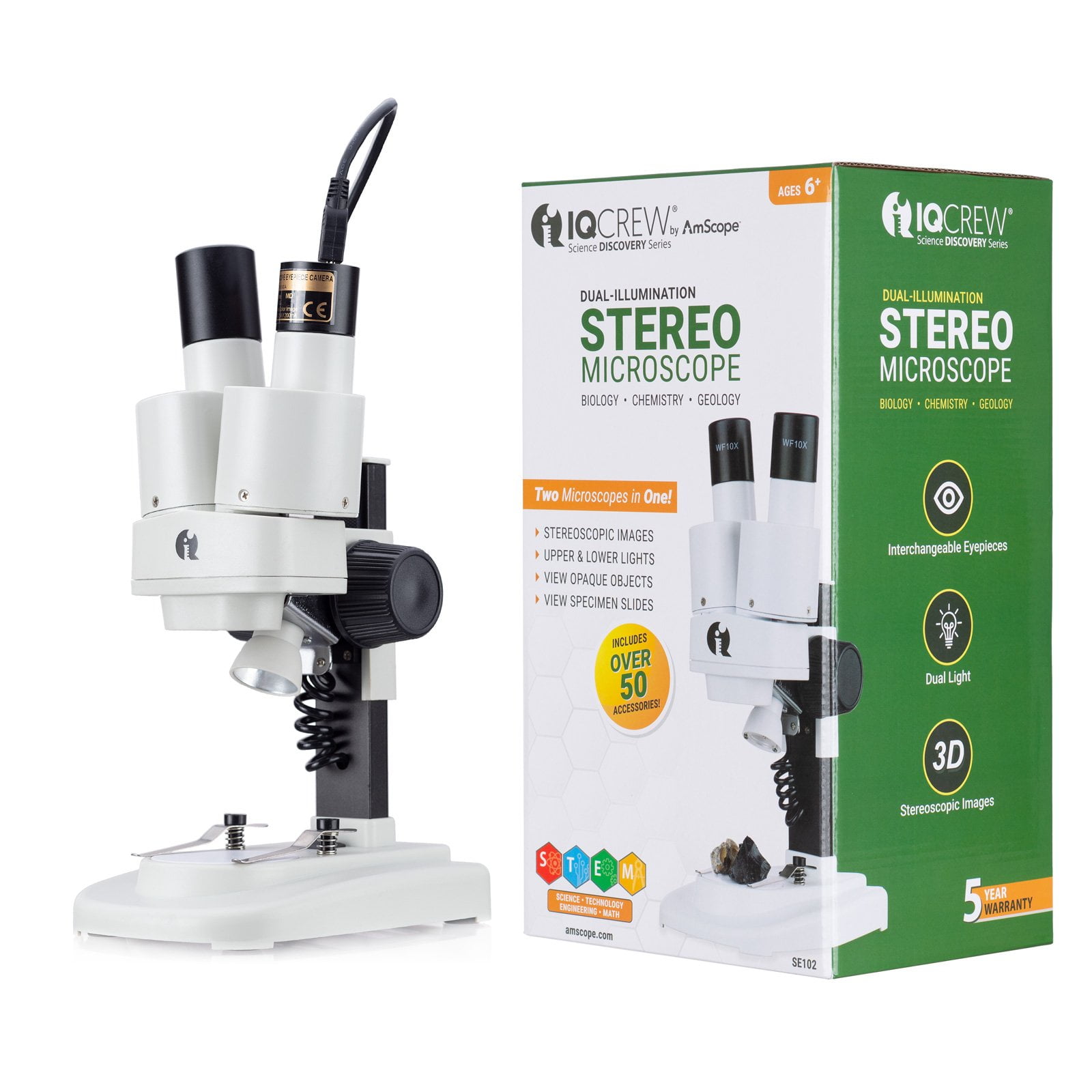 IQCrwew by Amscope 20X50X Portable Stereo Microscope w/Deluxe 6pc 3D