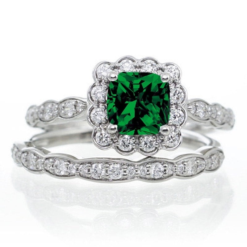 1.50 Carat Princess Cut Emerald and Diamond Wedding Ring set in 10k White Gold affordable bridal ...