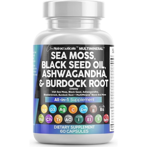 Clean Nutraceuticals Sea Moss, Black Seed Oil, Ashwagandha, Turmeric, Bladderwrack, Burdock, Vitamin C, Vitamin D3, Elderberry, Manuka, Dandelion, Yellow Dock, Iodine, Chlorophyll, ACV