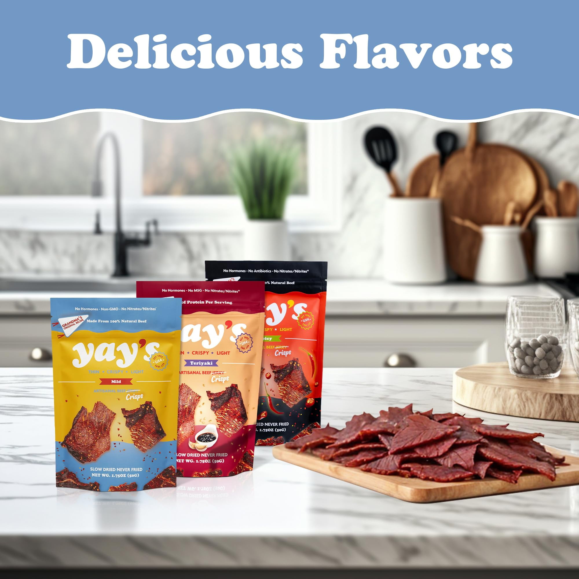 Yay's Snacks Sweet and Spicy Beef Crisps | High-Protein Ready-to-Eat Crispy Crunchy Chipped beef | Mild, Spicy, Teriyaki beef jerky snack packs, Non-GMO Healthy Meat Snack, Made in USA (1.75 oz) each