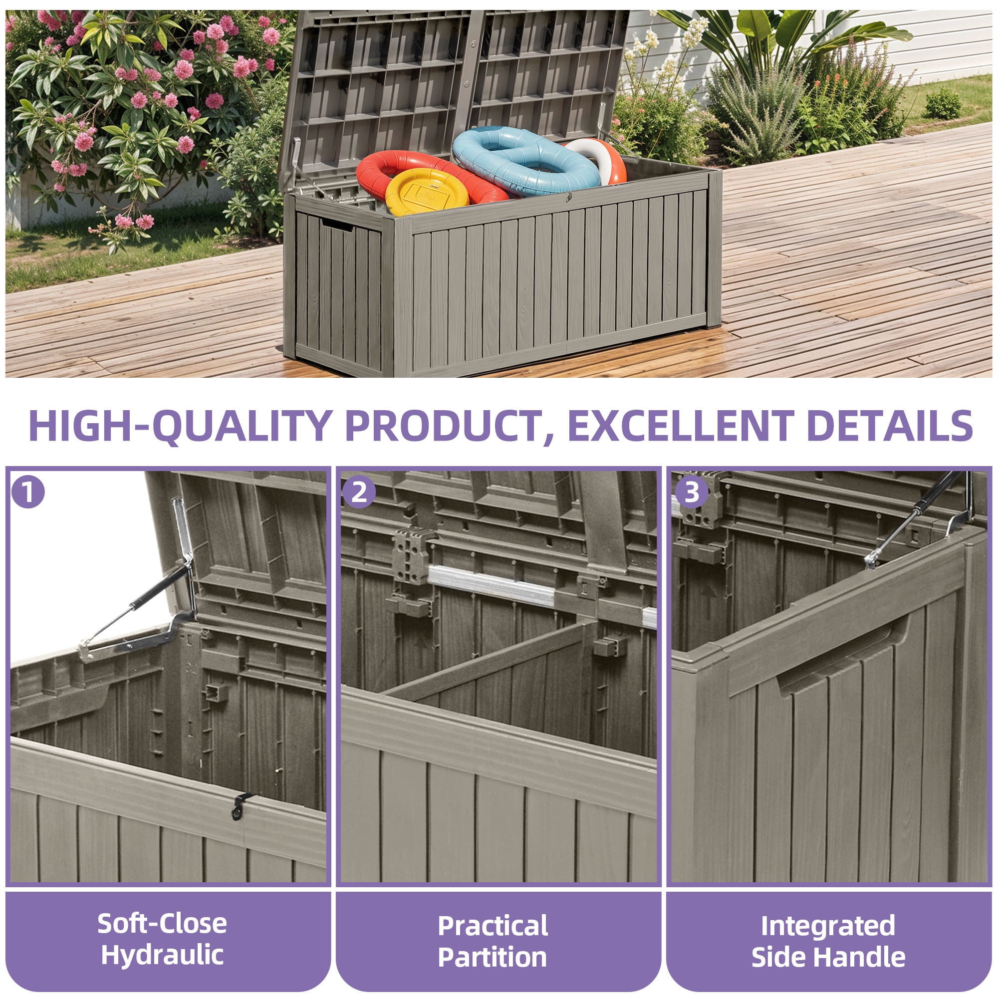 Dextrus 180 Gallon XL Resin Deck Box, Light Brown Waterproof Lockable Outdoor Storage Box with Removable Divider, Large Patio Organizer for Cushions, Garden Tools, Sports Gear and Pool Supplies
