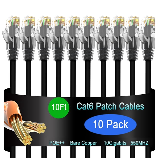 Cable Ethernet Lysymixs Cat6 de 10 pies (3 m), paquete de 10 G, negro