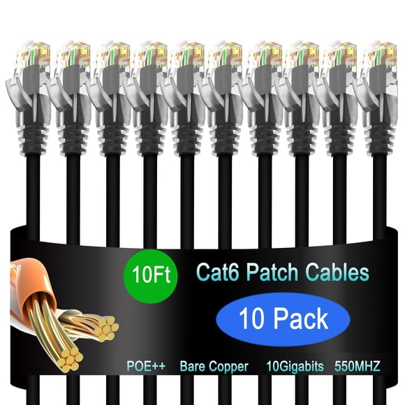 Cable Ethernet Lysymixs Cat6 de 10 pies (3 m), paquete de 10 G, negro