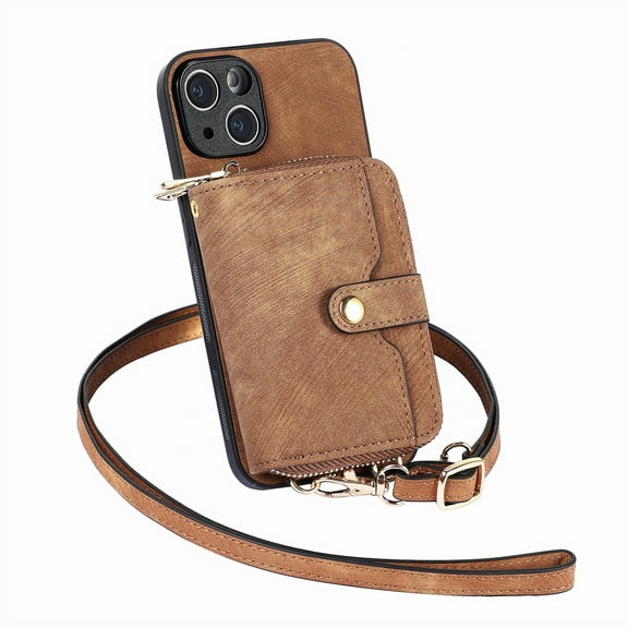 Dteck iPhone 13 Pro Max Crossbody Wallet Case, Zipper PU Leather Phone Case with Card Holder Wrist Strap Purse Cover for iPhone 13 Pro Max,Brown