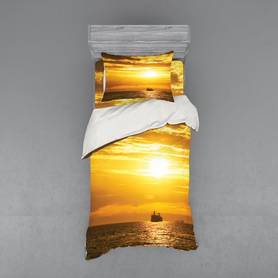 Nautical Duvet Cover Set, Cargo Ship Sailing Away When Sun Goes down Disappears with Mystical Rays Art Photo, Bedding Set with Shams and Fitted Sheet, 3 Sizes, by Ambesonne