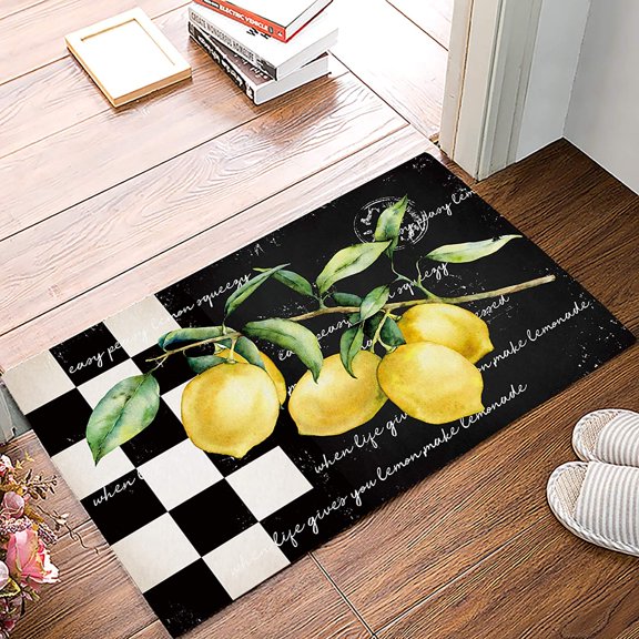 Summer Tropical Lemon Entrance Door Mat, Buffalo Plaid Black White Spring Decor Welcome Doormat, Non-Slip Carpet Rugs Floor Mat Decorative for Home/Bathroom/Kitchen/Indoor 30 x18 In
