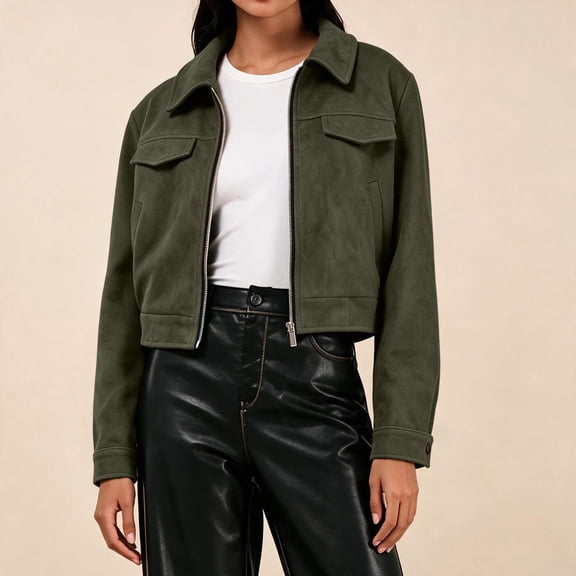 Womens Jackets Suede Zip Up Collared Long Sleeve with Pockets for Stylish Daily Look