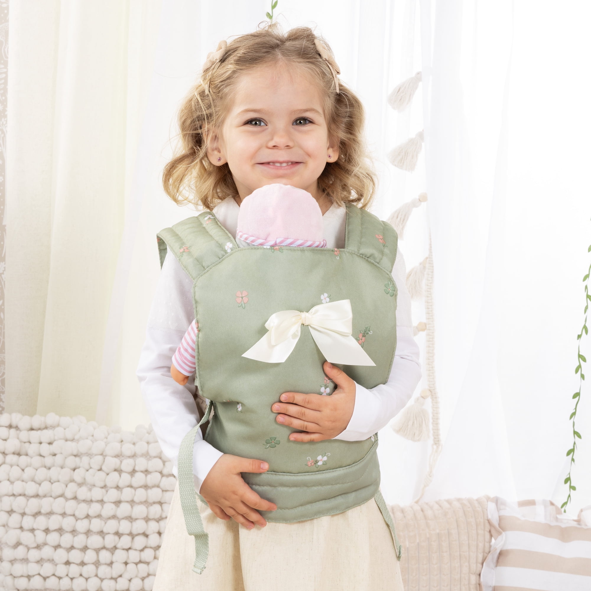 Bayer Design: Doll Carrier - Green & Flowers - Travel Play Accessory, Adjustable Padded Shoulder Straps, Lockable Hip Belt, Toy Fits 18" Dolls, Kid 3+