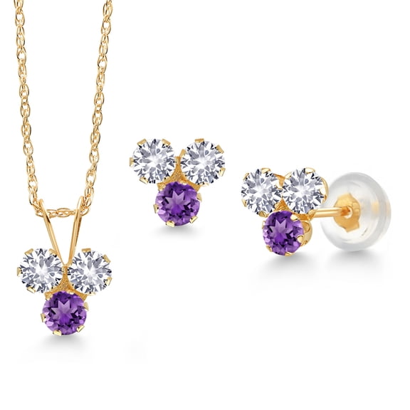 Gem Stone King 14K Yellow Gold White Created Sapphire and Purple Amethyst 3 Stone Pendant and Earrings Jewelry Set for Women (1.08 Cttw, Round 3MM, with 18 inch Chain)