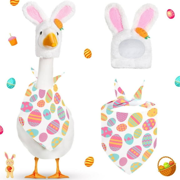 Meottam 2 Set Easter Egg Bunny Goose Outfits for Goose 23"/ 17'', Lawn Goose Statue Clothes Bunny Hat Egg Collar Bandana for Easter Party Patio Yard Outdoor Decoration