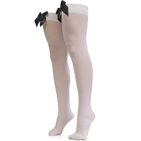 Skeleteen Bow Accent Thigh Highs - White Over the Knee High Stockings with Black Satin Ribbon Bow Accent for Women and Girls