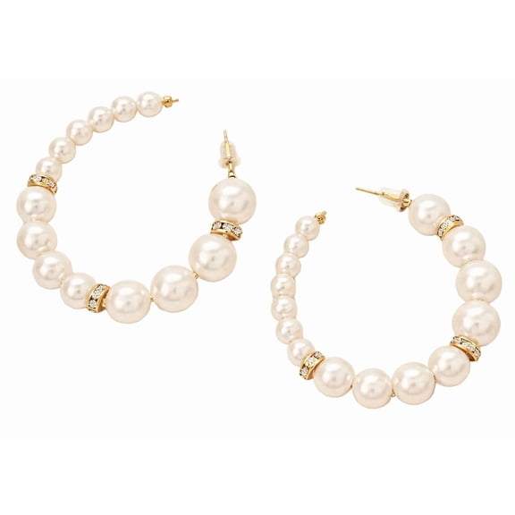 Pearl Hoop Earrings for Women – Gold Tone Faux Pearl Hoop Earrings with Rhinestone Accents – Elegant Statement Jewelry