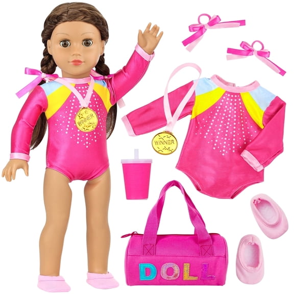 ZITA ELEMENT 18 inch Doll Gymnastics Clothes & Accessories Set with Leotard, Shoes, Award, Gym Bag, Cup and Hair Clip