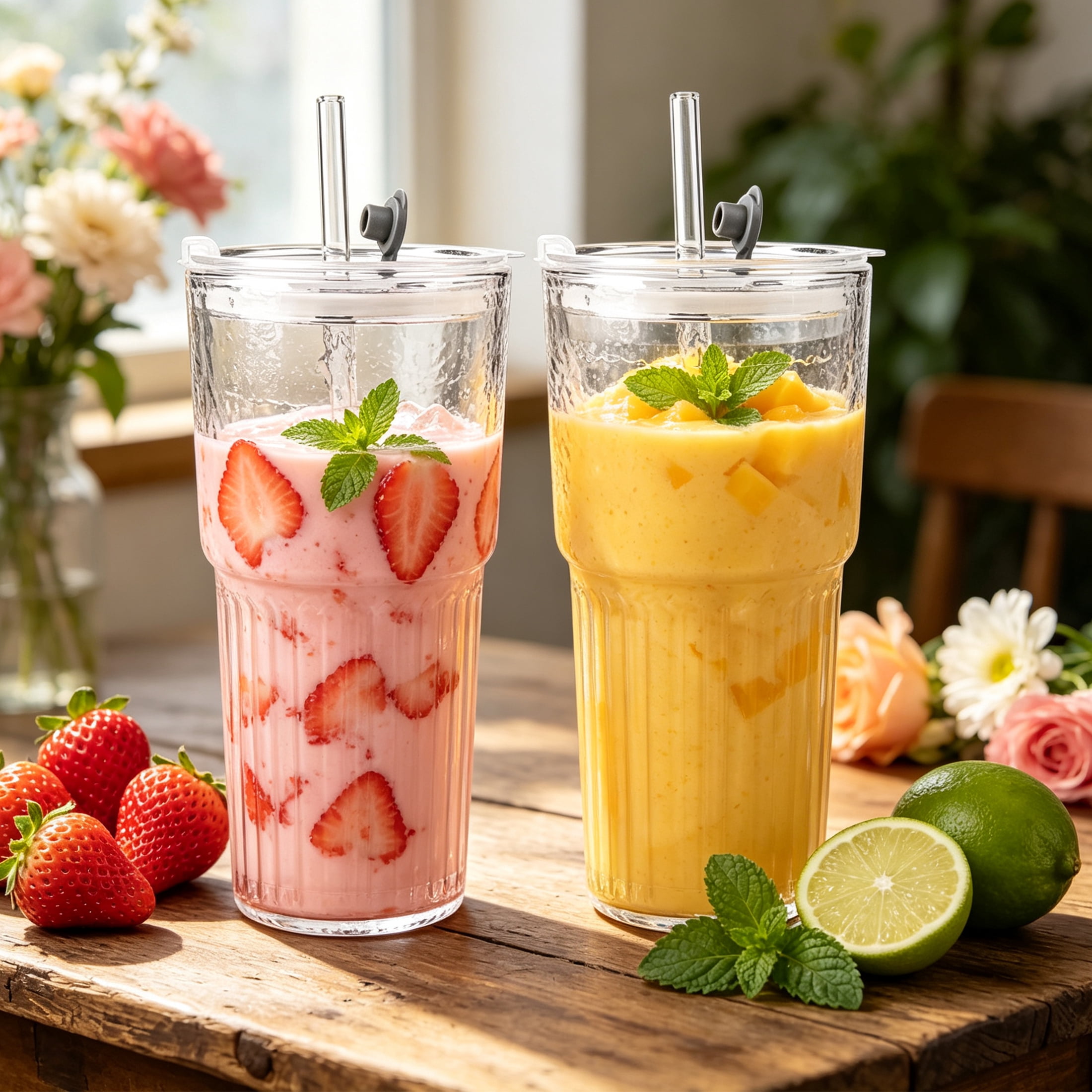 GARITIN Glass Tumbler with Lid and Straw, 20 Oz Ribbed Glass Cups 2 Pack, Leak‑Proof Iced Coffee Glass Cup with Cleaning Brush for Car Cup Holder
