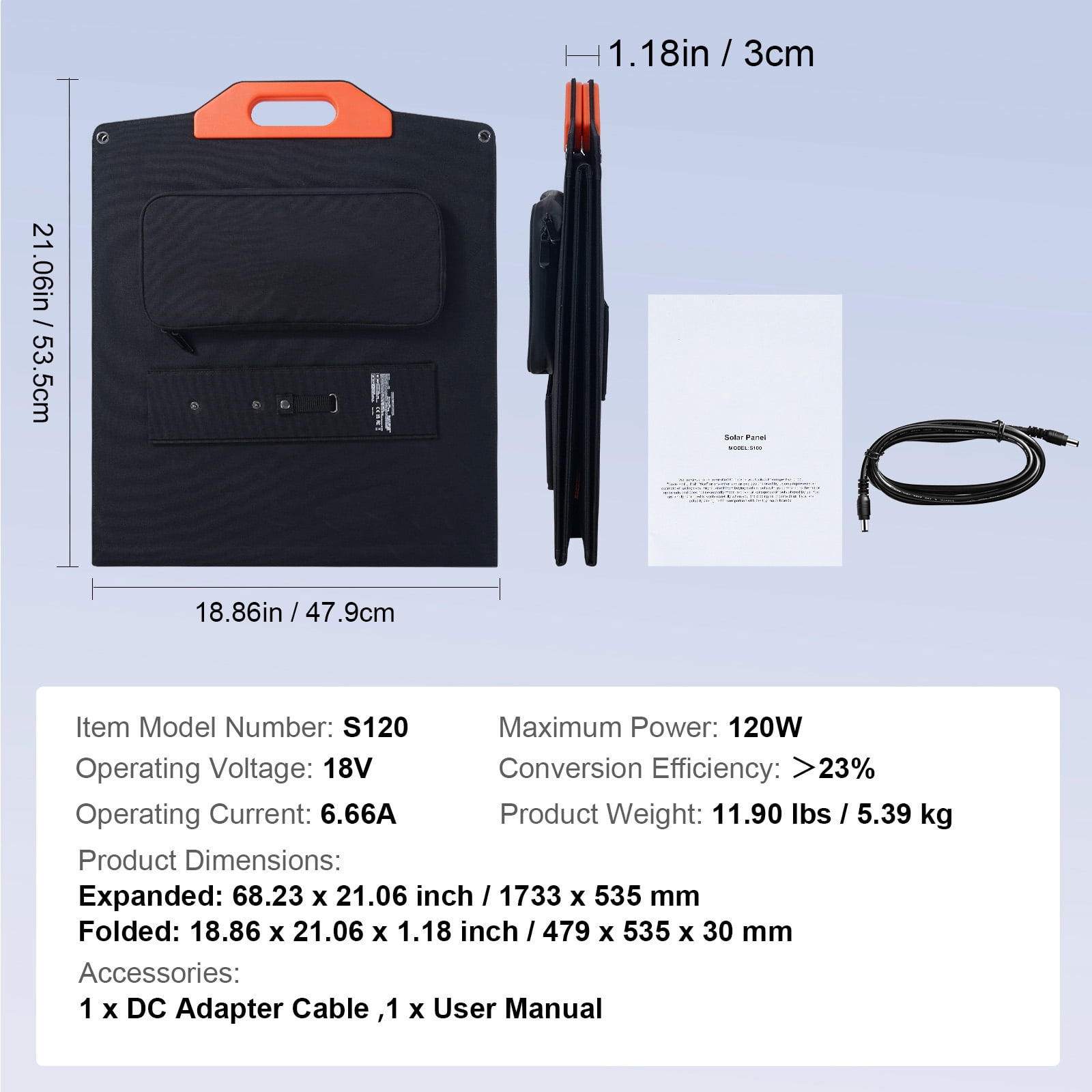 KFFKFF High-Efficiency Waterproof Foldable & Portable Monocrystalline Solar Panel, ETFE Solar Charger, 120W