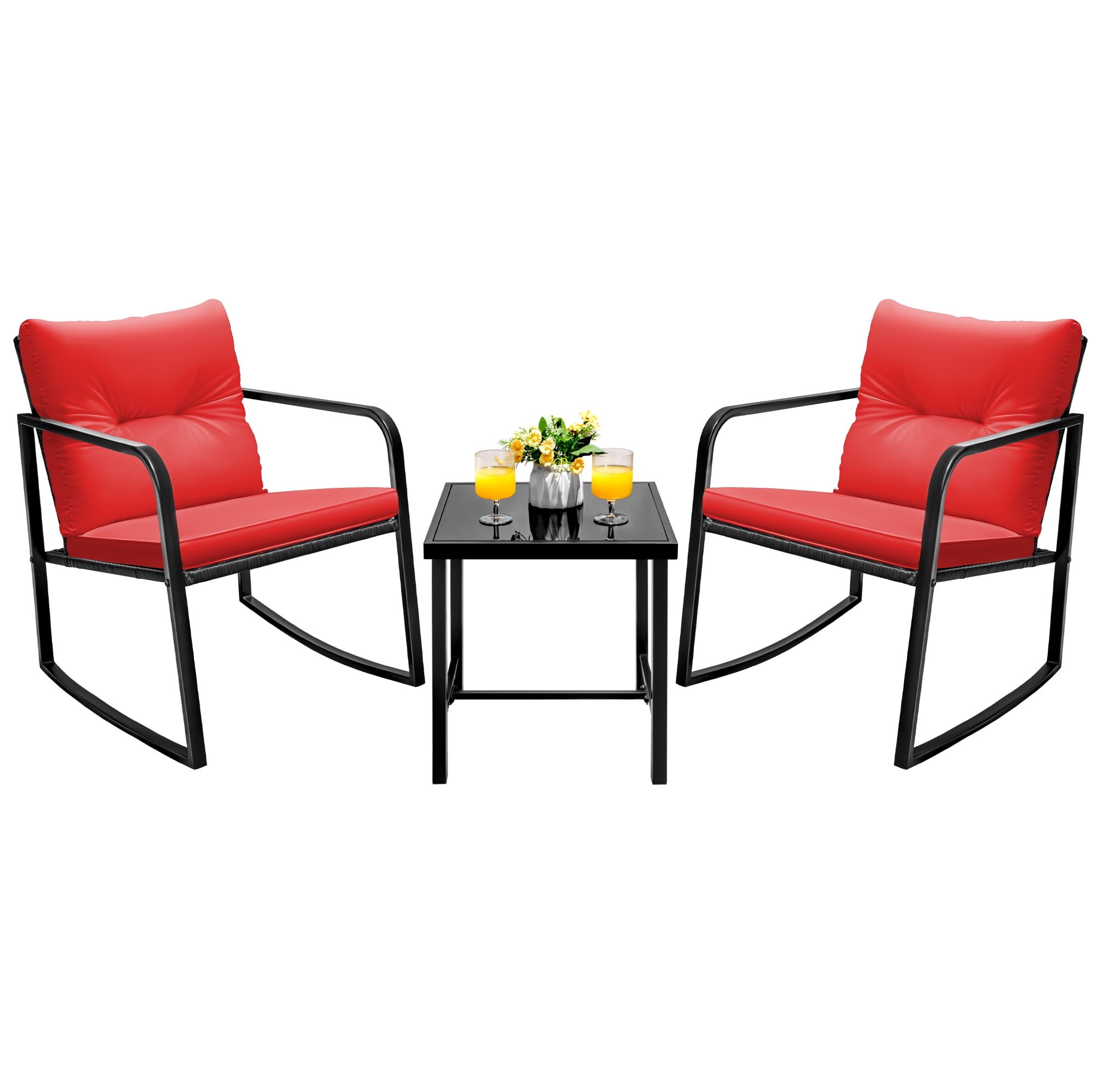 Devoko 3 Pieces Rocking Patio Furniture Sets Outdoor Rocking Chair PE Rattan Bistro Rocker Conversation Sets with Coffee Table for Garden, Red