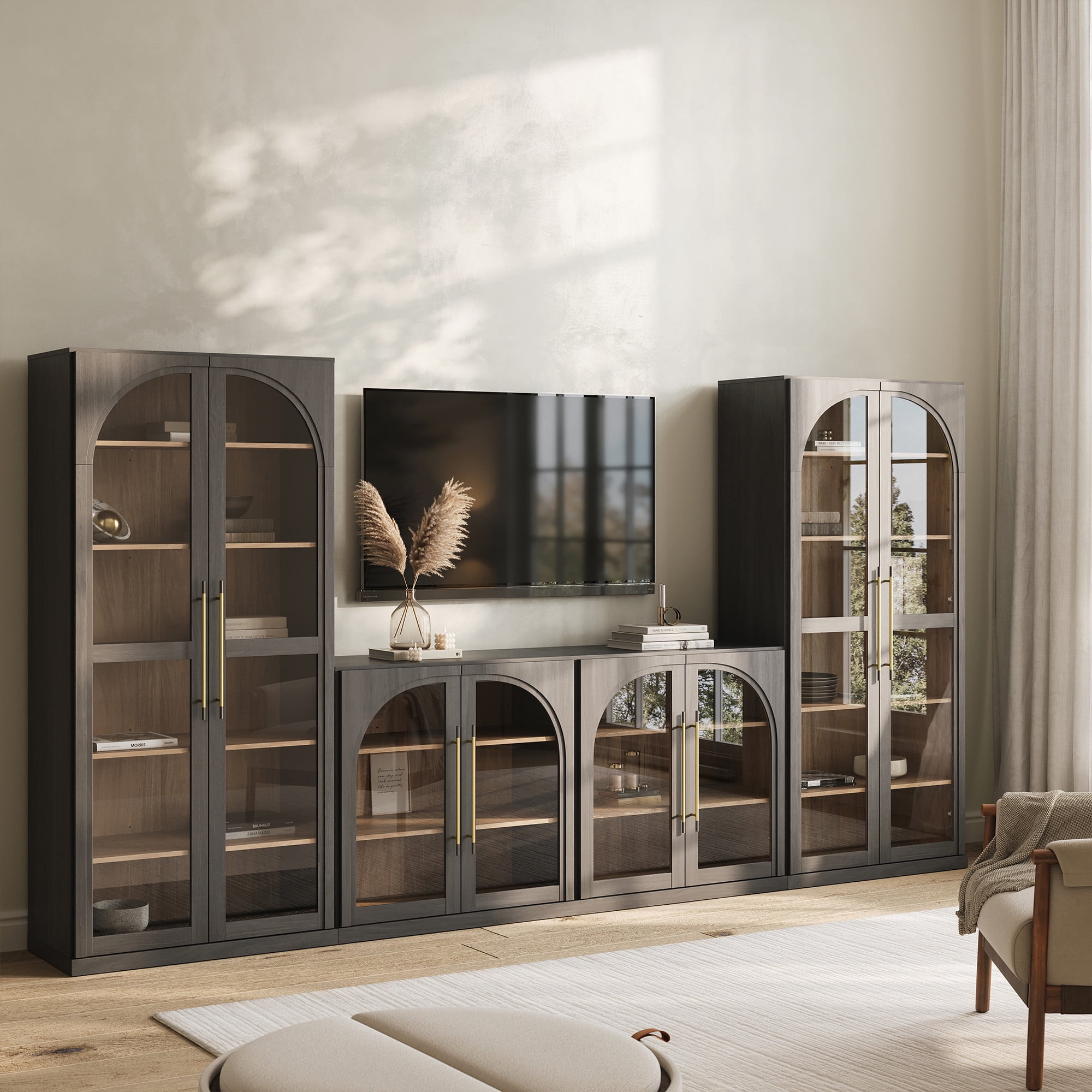 BELLEZE 3-Piece Modular TV Console Set - 1 Full Buffet Cabinet and 2 Tall Storage Cabinets with Adjustable Shelves Classic Modern Entertainment Center TV Cabinet for Living Room (Ebony)