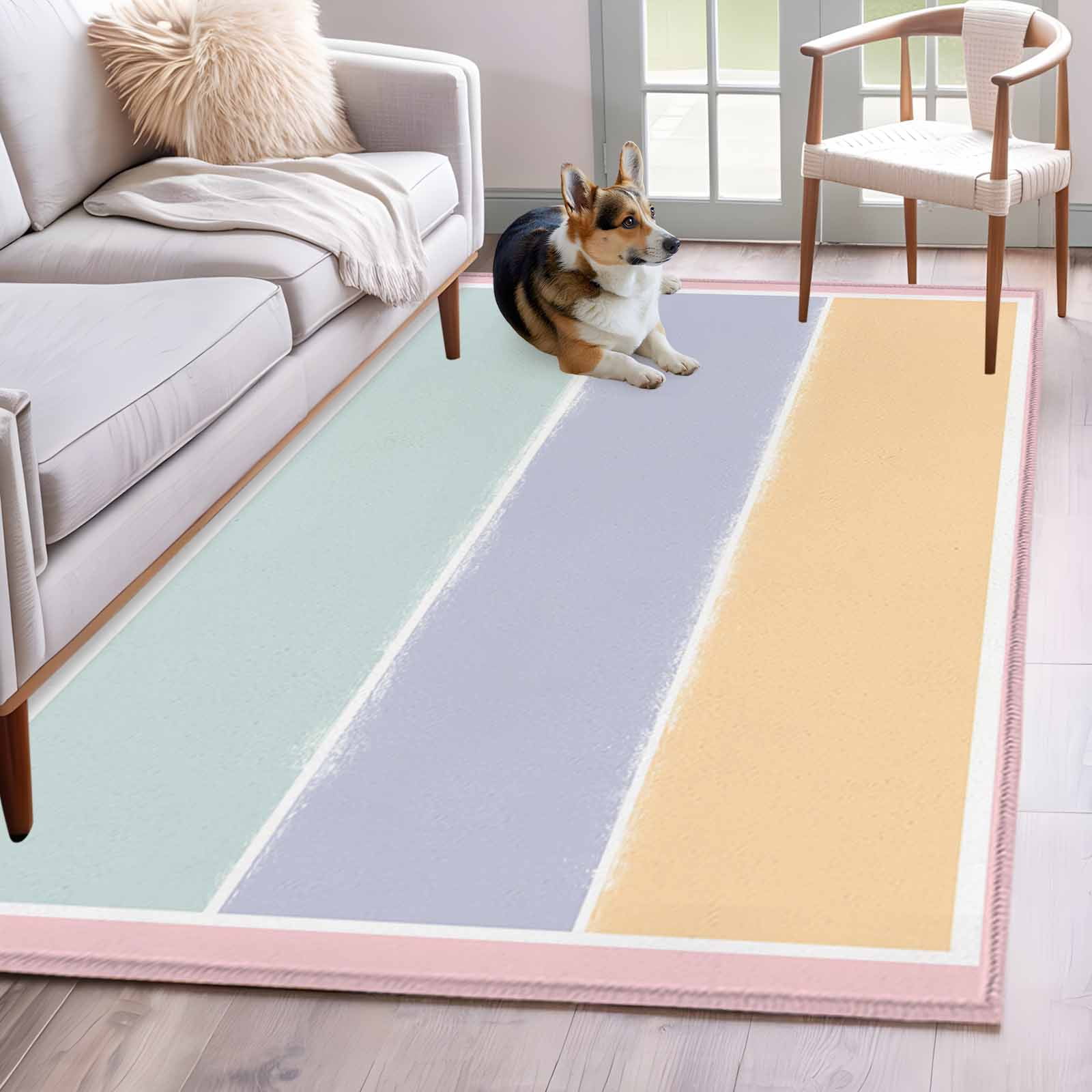Color Blocks Washable Area Rugs 4 x6 Light Green Purple Yellow Stripes Simple Low Pile Throw Living Room Rug Non-Slip Sturdy Edge Binding Carpet for Indoor Entryway Bedside Kitchen