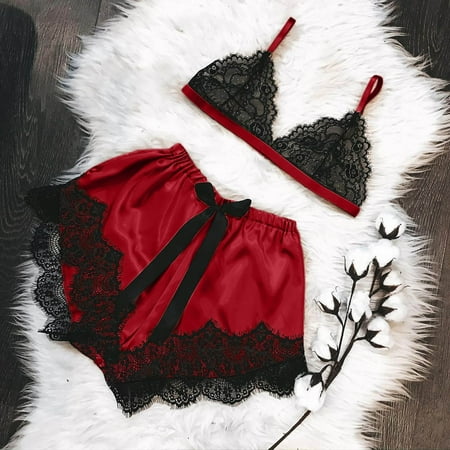 

Egmy Women V-Neck Eyelash Lace Sexy Stain Camisole Pajamas Bowknot Shorts Set