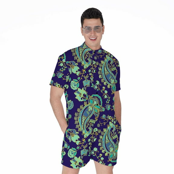 Blue Bohemian Paisley Pattern Short Sleeve Men'S Rompers Casual Summer Jumpsuits Outfit