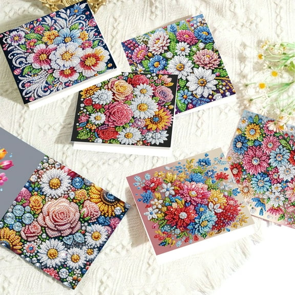 6 pcs Diamond Art Painted Greeting Card, Pretty Flowers 5D DIY Special Shape Diamond Card Creative Gifts, Christmas Thanksgiving Greeting Card Congratulation