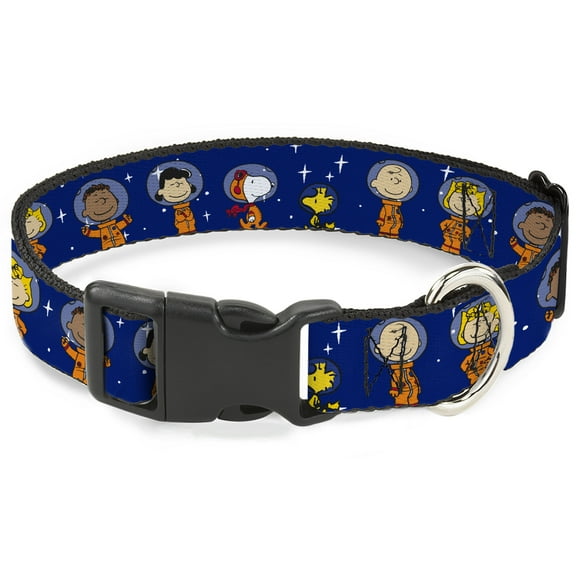Peanuts Worldwide LLC Pet Collar, Dog Collar Plastic Buckle, Peanuts Gang Astronauts Standing Poses Stars Blue White, 7 to 8.5 Inches 0.5 Inch Wide