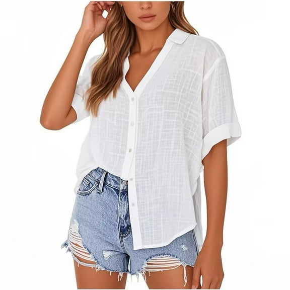 Fanxing Boho Linen Shirts for Women 2025 Gauze Short Sleeve V Neck Button Down Shirts Loose Fit Casual Tunic Blouses Vacation Coverup Tops S-2XL