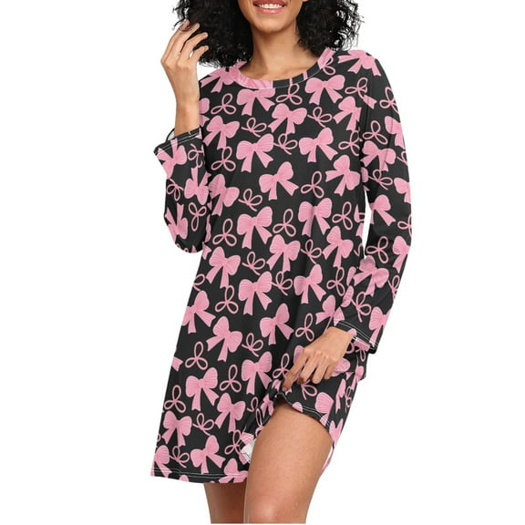 joogoo Pink Bows Women's Long Sleeve Nightgown Sleepwear L