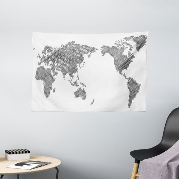 World Map Tapestry, Sketchy Striped Continents Cartography Geography Countries Worldwide Pencil Art, Wall Hanging for Bedroom Living Room Dorm Decor, 60W X 40L Inches, Black White, by Ambesonne