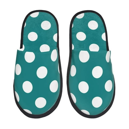 Balery Teal And White Polka Dot Slient Indoor Furry Fleece Comfort House Shoes Soft Non-Slip Home Shoes Cotton slippers House Slippers-- Medium