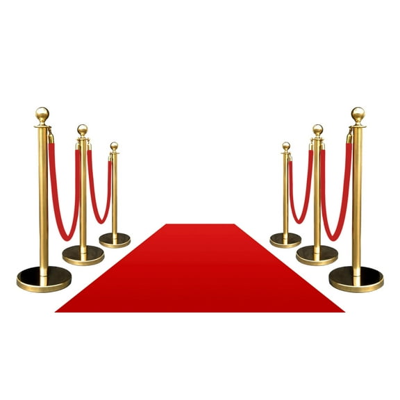 VIP Crowd Control, 6 Gold Crown Rope Stanchions   4 Red Velour Ropes   1 pc of 3' x 10' Red Carpet